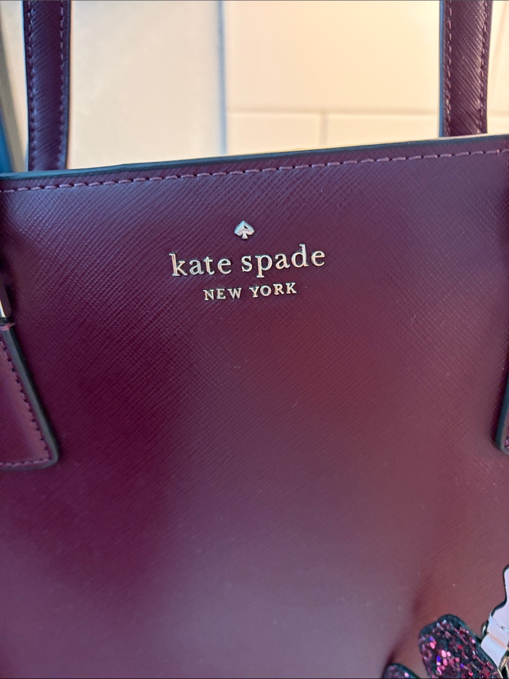 kate spade Burgundy Saffiano Leather Tote with Floral Charm - Picture 3 of 11